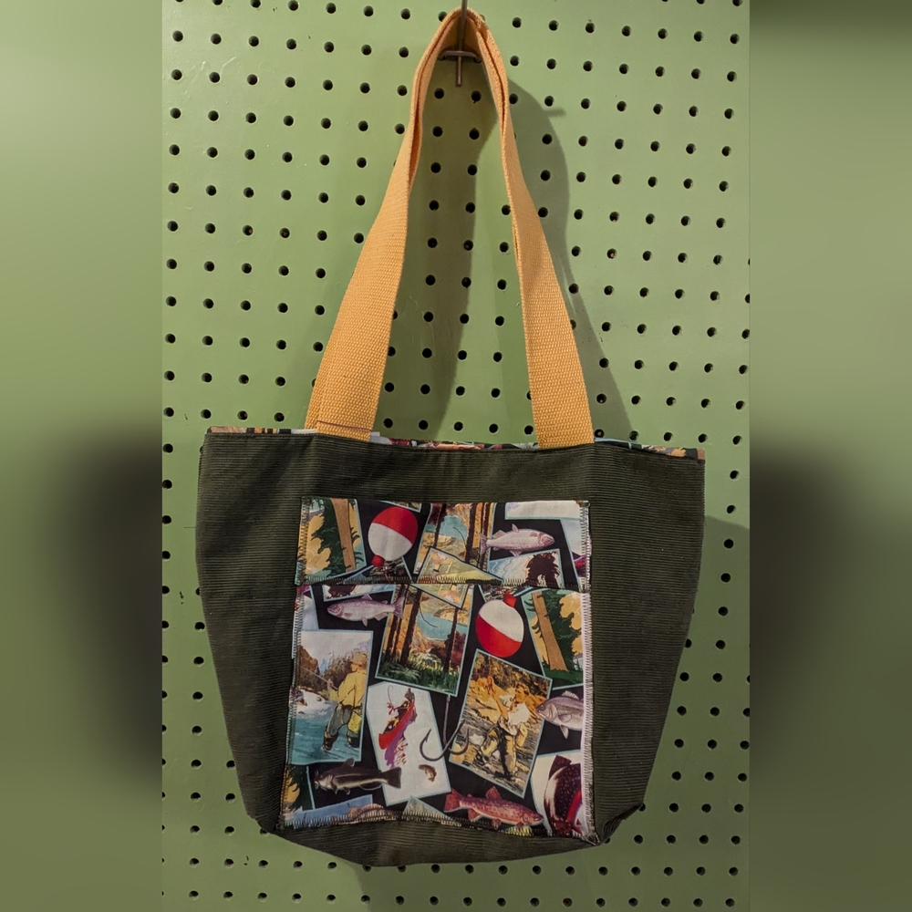 Stylish Medium Green Corduroy Tote Bag with Yellow Handles And Fisherman Accent